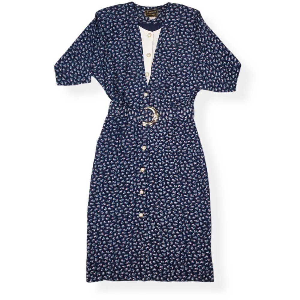 Vintage Navy Floral Button Front Midi Dress w/ Belt Short Sleeve V-Neck